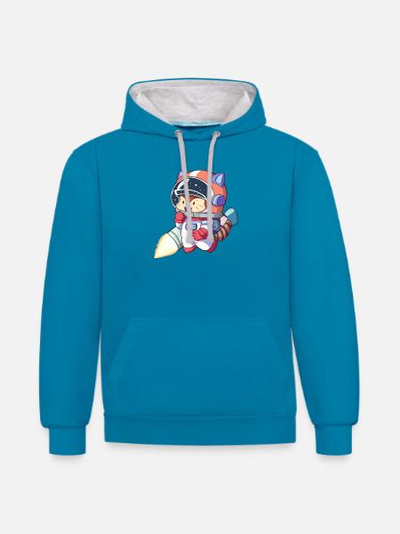 Astronaute chat en combinaison spatiale - Sweat à capuche contrasté - bleu paon/gris chiné