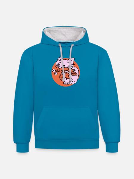 Cat eats cancer - Contrast hoodie - peacock blue/heather grey