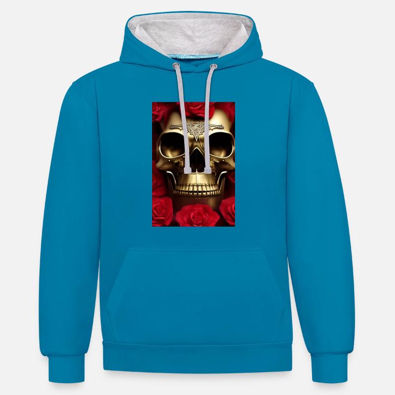 Crâne doré avec des roses - Sweat à capuche contrasté - bleu paon/gris chiné