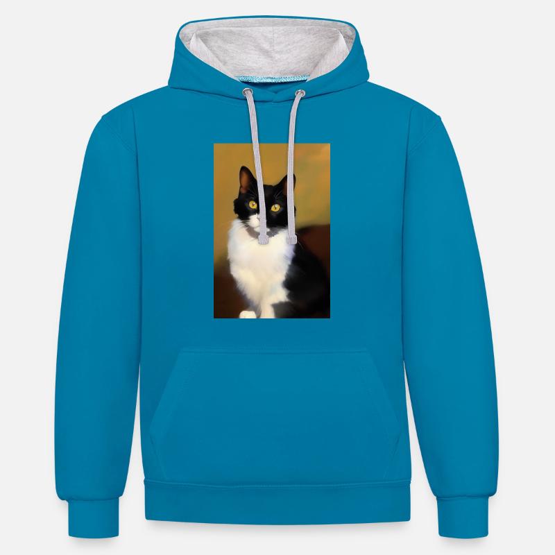 Image du chat - Sweat à capuche contrasté - bleu paon/gris chiné