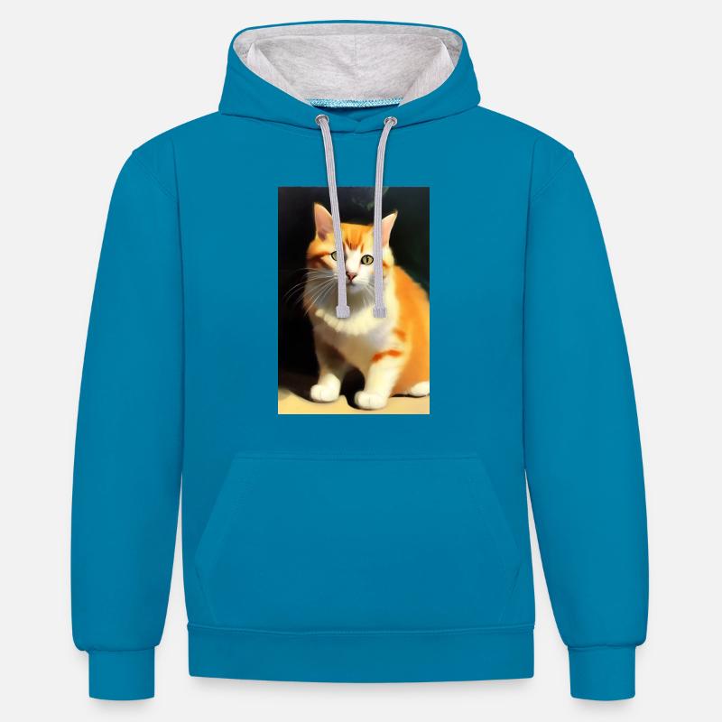 Image du chat - Sweat à capuche contrasté - bleu paon/gris chiné