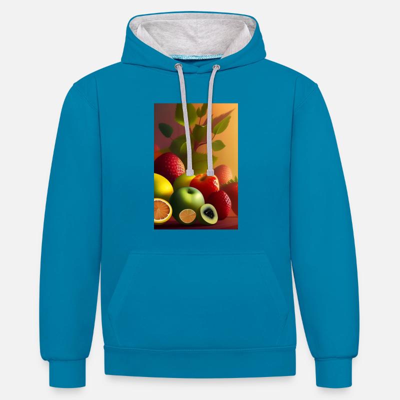 Fruit - Sweat à capuche contrasté - bleu paon/gris chiné