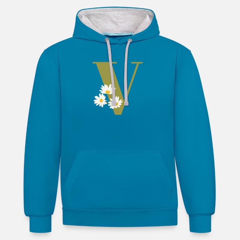 Buchstabe v grüne Gänseblümchen - Kontrast-Hoodie - Pfauenblau/Grau meliert