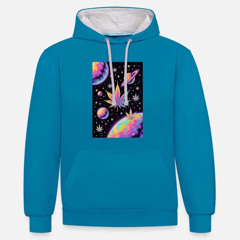 Schéma du cannabis spatial psychédélique - Sweat à capuche contrasté - bleu paon/gris chiné
