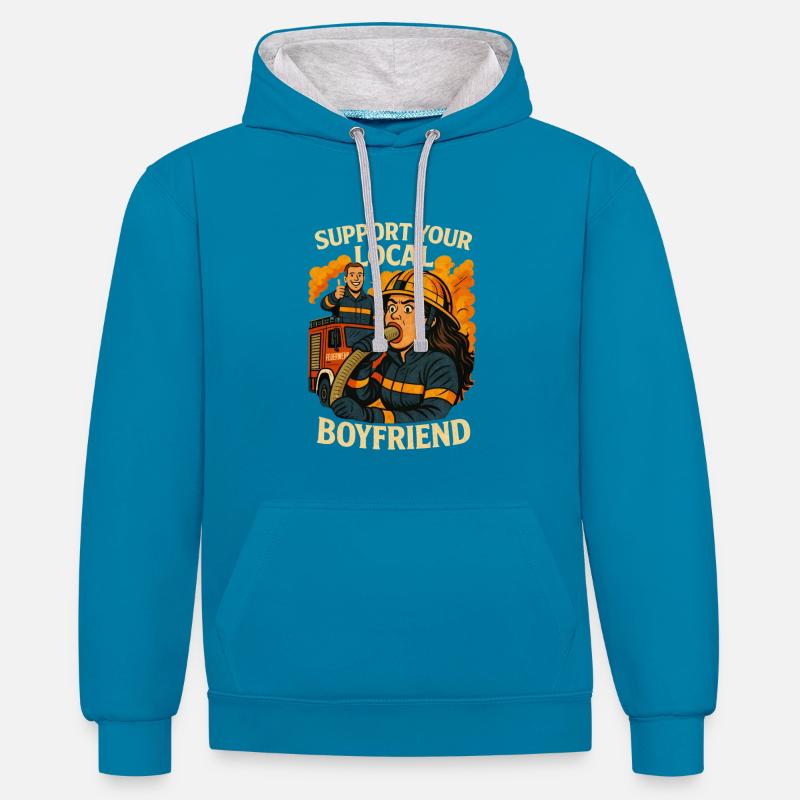 Soutenez votre ami pompier - Sweat à capuche contrasté - bleu paon/gris chiné