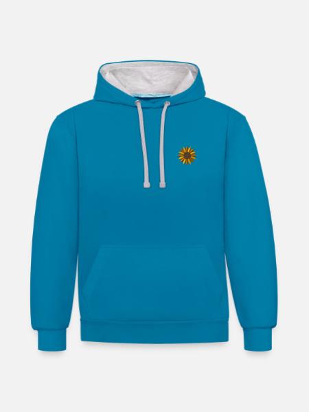 Tournesol brodé - Sweat à capuche contrasté - bleu paon/gris chiné
