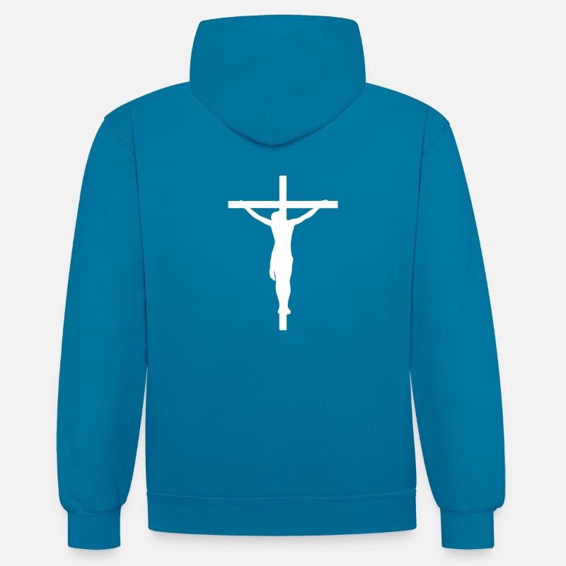 JÉSUS-CHRIST - Sweat à capuche contrasté - bleu paon/gris chiné