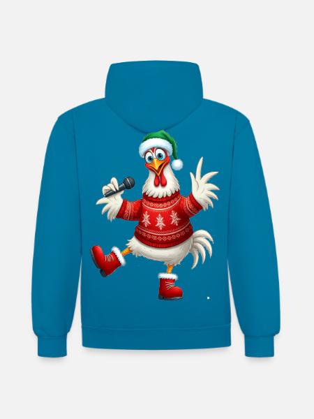 Holiday Singing Hen Sweater - Contrast hoodie - peacock blue/heather grey