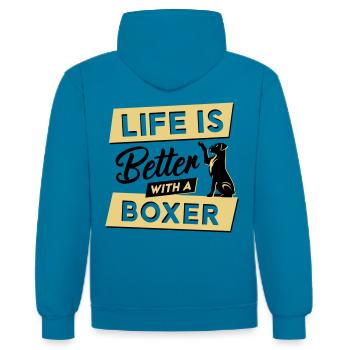 La vie est plus belle avec un boxer - Vector Design - Sweat à capuche contrasté - bleu paon/gris chiné - Dos - Luana (180cm)