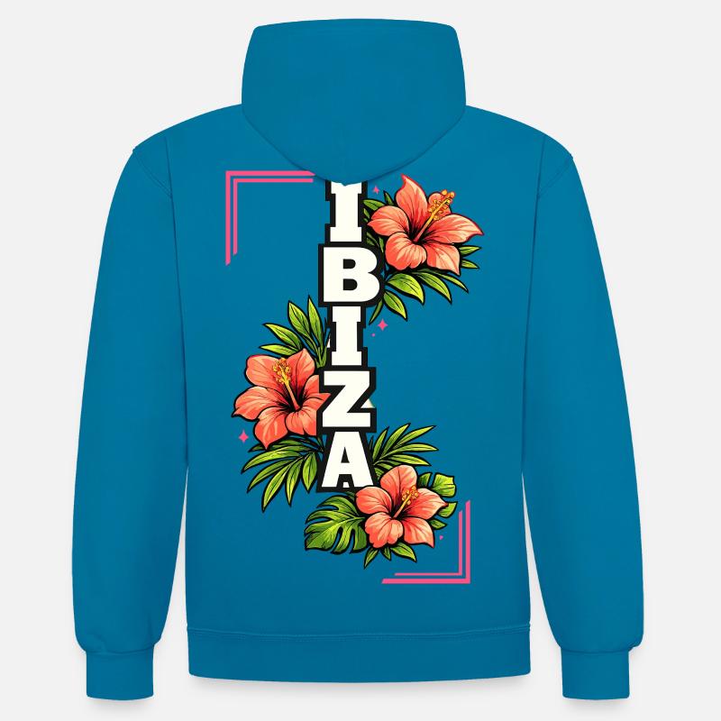 Ambiances d’été d’Hibiscus d’Ibiza Flore tropicale - Sweat à capuche contrasté - bleu paon/gris chiné
