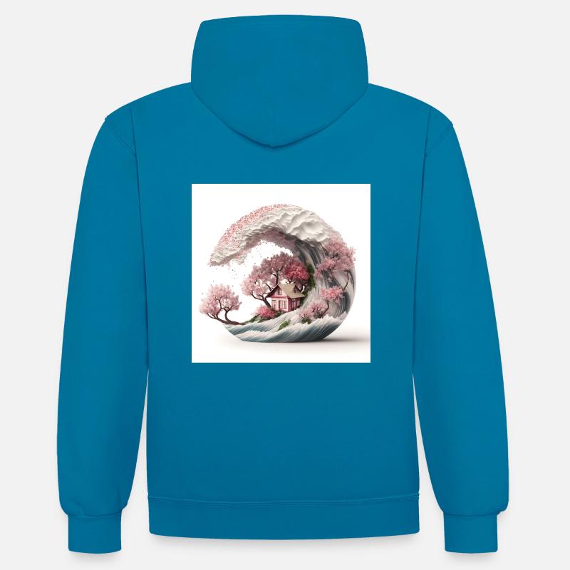 Vague de Sakura V1 - Sweat à capuche contrasté - bleu paon/gris chiné