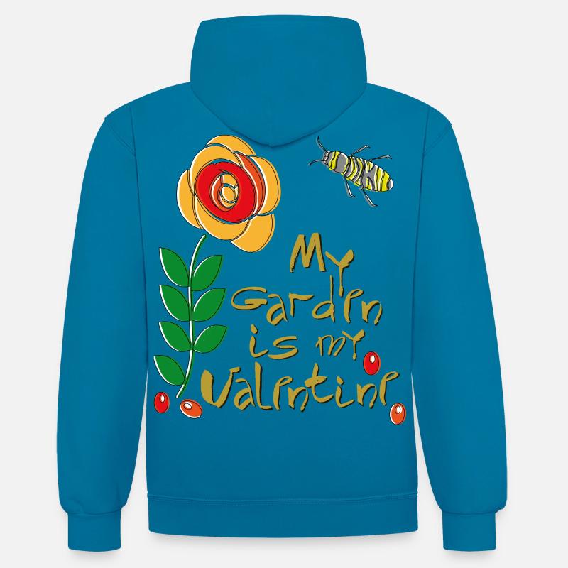 mon jardin est mon Valentin - Sweat à capuche contrasté - bleu paon/gris chiné