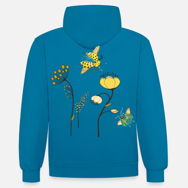 Fleurs de jardin avec des insectes - Sweat à capuche contrasté - bleu paon/gris chiné