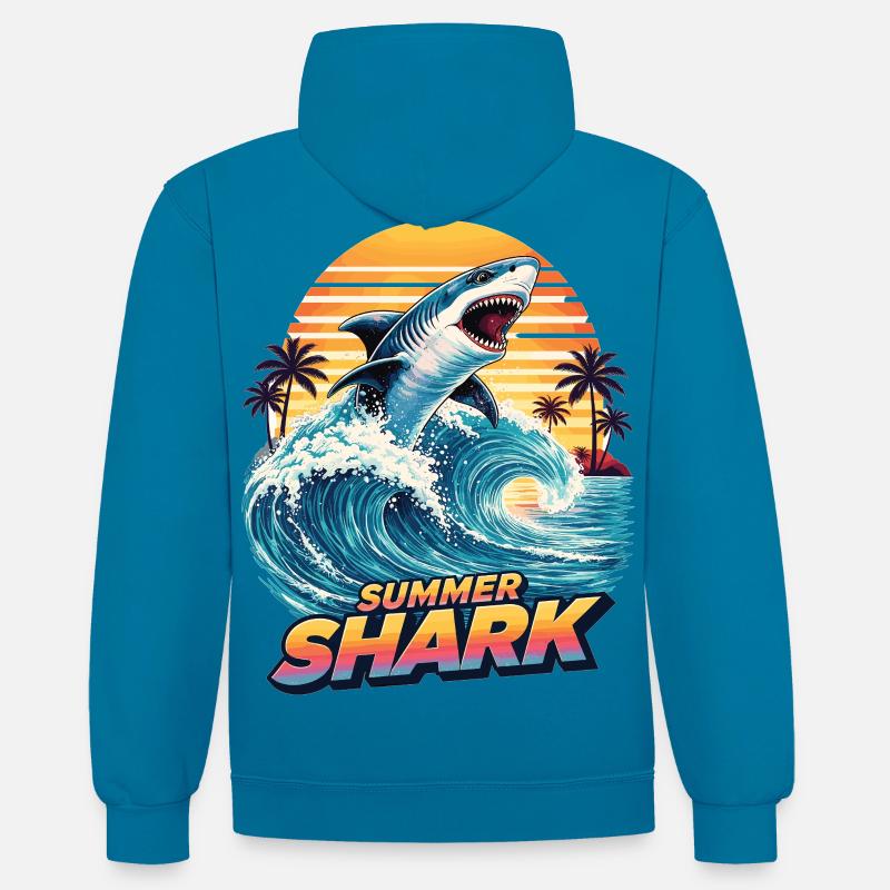 Requin d’été - Sweat à capuche contrasté - bleu paon/gris chiné