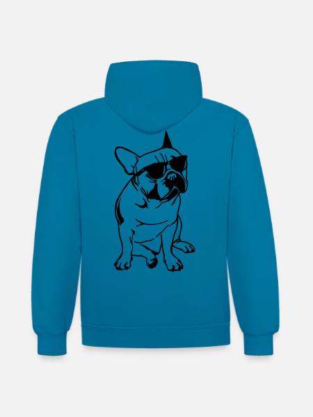 Le Bouledogue Français au soleil - Sweat à capuche contrasté - bleu paon/gris chiné
