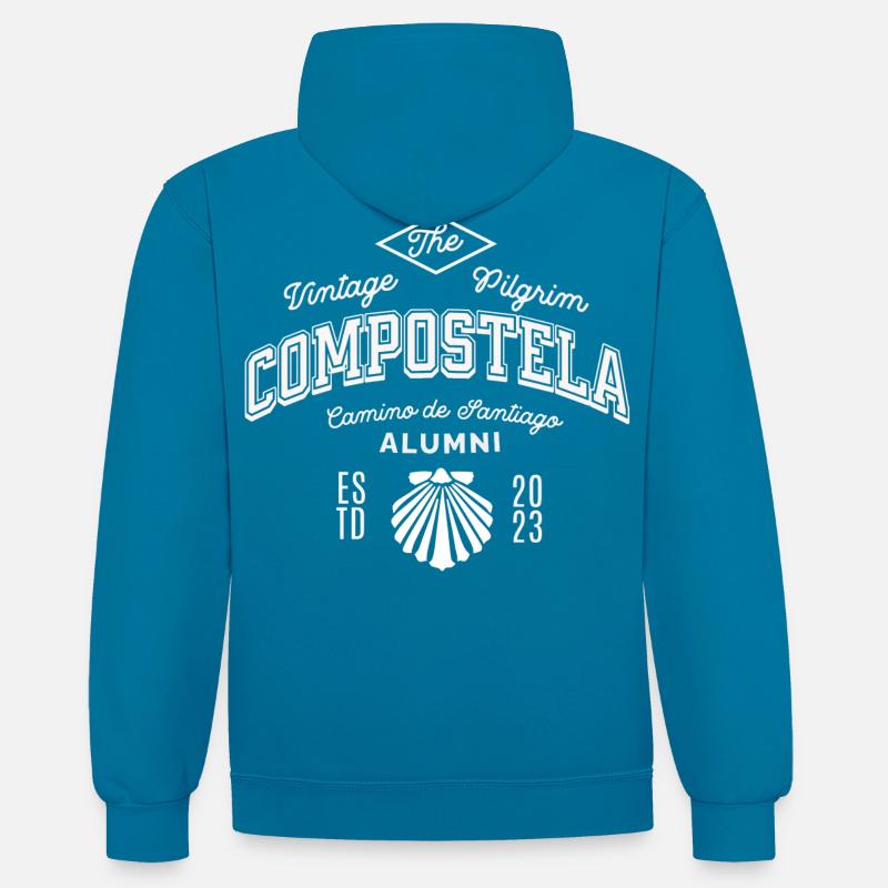 The vintage Pilgrim Compostela Alumni - Sweat à capuche contrasté - bleu paon/gris chiné