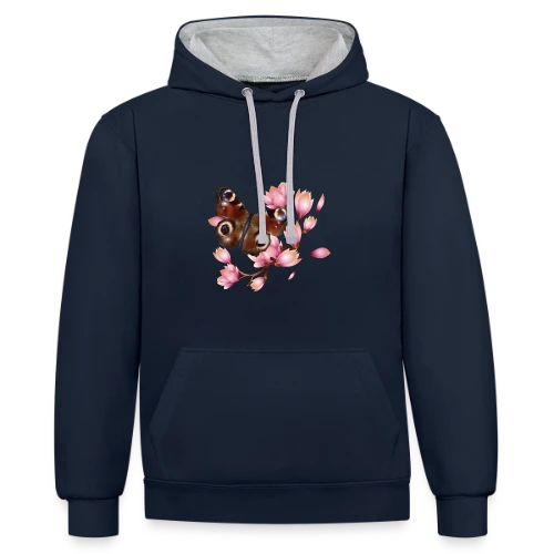 Papillon Paon et Magnolia Rose : Élégance Naturelle - Sweat à capuche contrasté