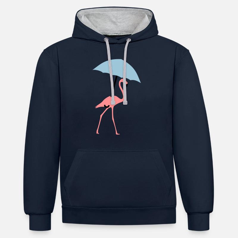 Flamingo mit Regenschirm oder Sonnenschirm - Kontrast-Hoodie - Navy/Grau meliert