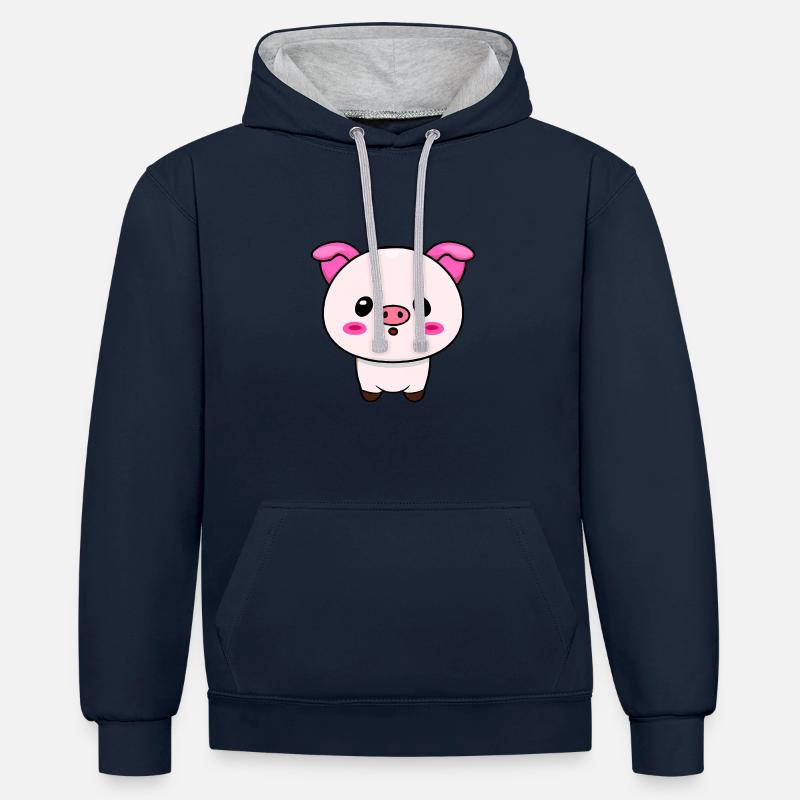Cute Kawaii Pig - Design charmant - Sweat à capuche contrasté - bleu marine/gris chiné