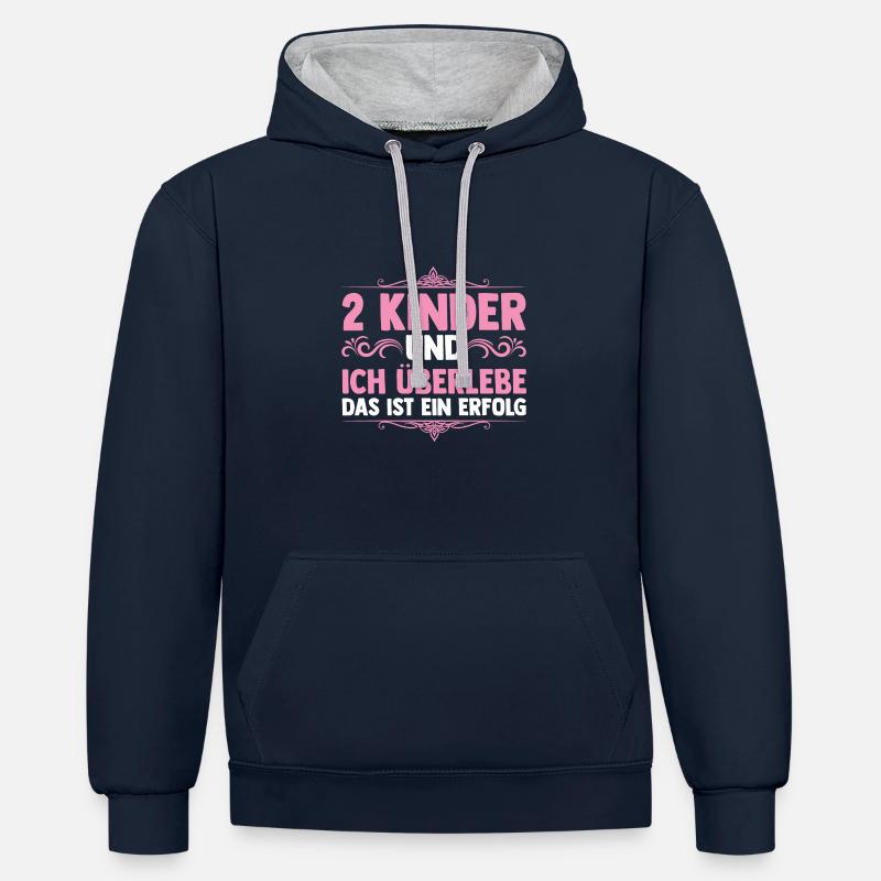 Maman de 2 enfants - Sweat à capuche contrasté - bleu marine/gris chiné