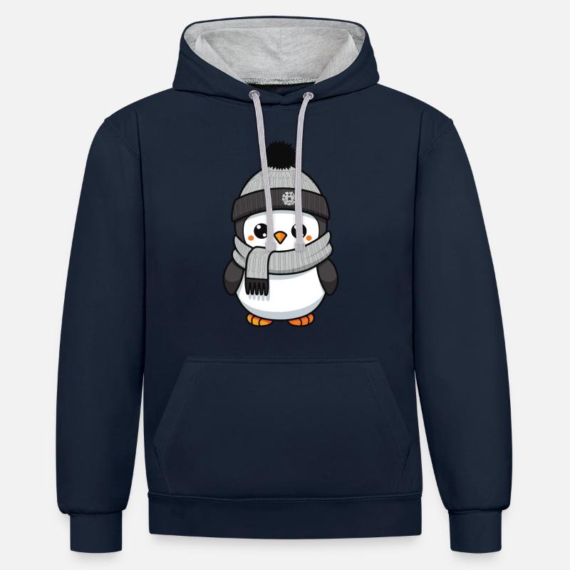 Bande dessinée d’hiver pingouin - Sweat à capuche contrasté - bleu marine/gris chiné