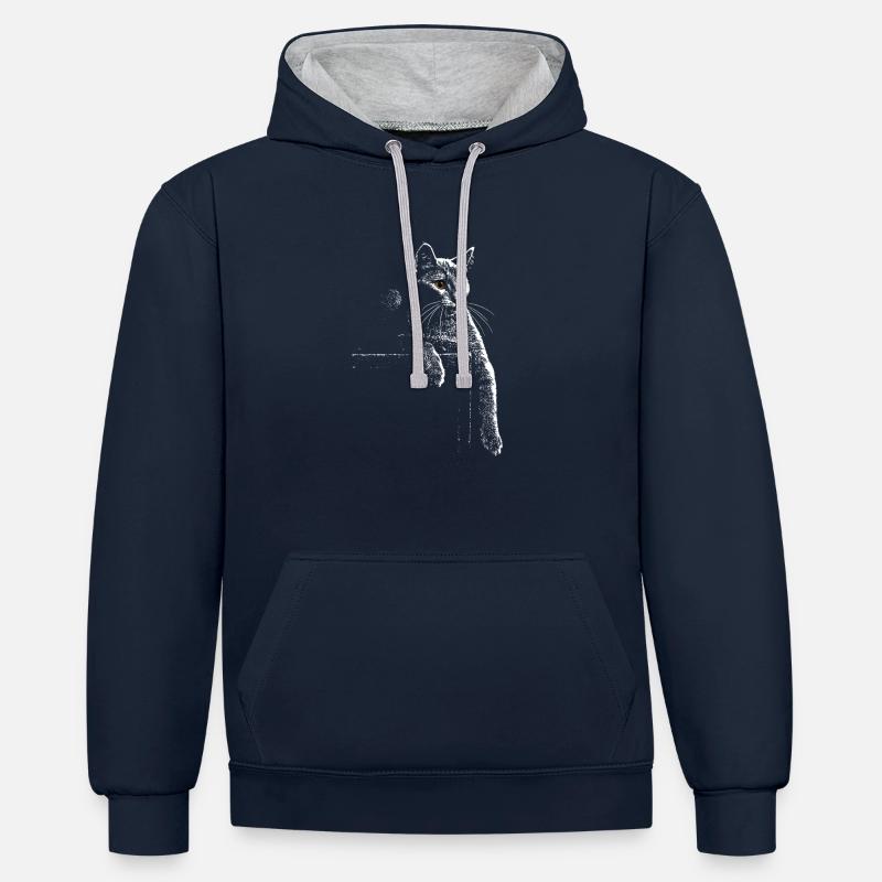 Chat chartreux la nuit - Sweat à capuche contrasté - bleu marine/gris chiné