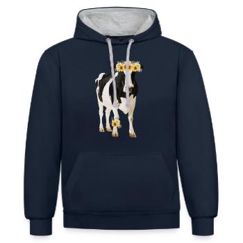 Vache Holstein avec des fleurs - Sweat à capuche contrasté - bleu marine/gris chiné - Devant - Nico (186cm)