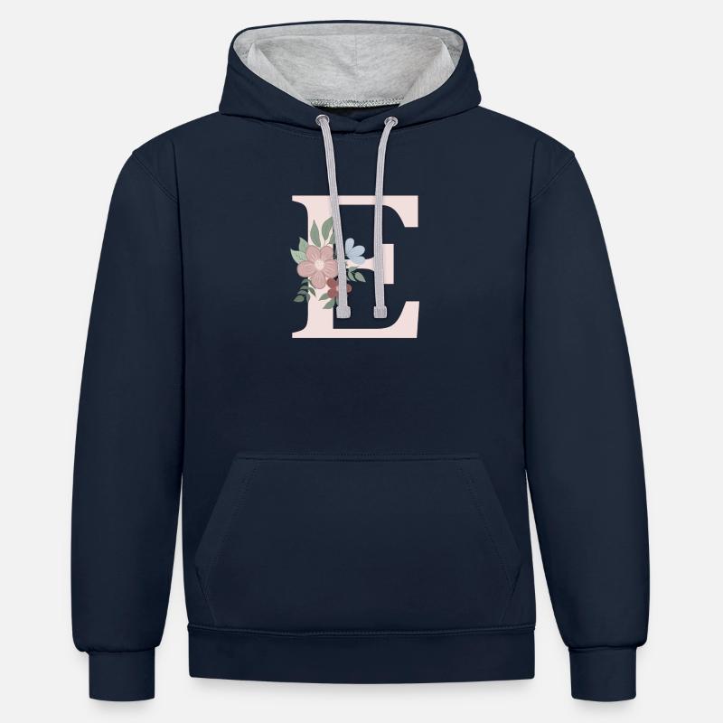 Lettre E avec fleur rose - Sweat à capuche contrasté - bleu marine/gris chiné