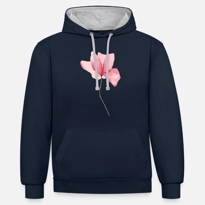 Fleur peinte en rose - Sweat à capuche contrasté - bleu marine/gris chiné