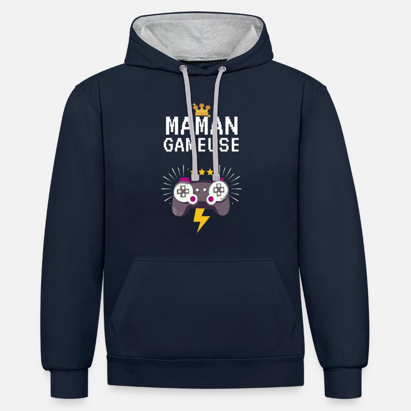 Maman gameuse - Sweat à capuche contrasté - bleu marine/gris chiné
