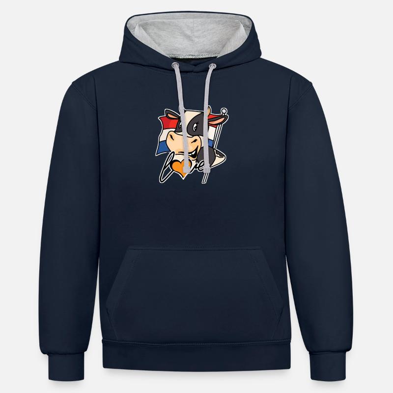 Vache avec drapeau et cœur - Sweat à capuche contrasté - bleu marine/gris chiné