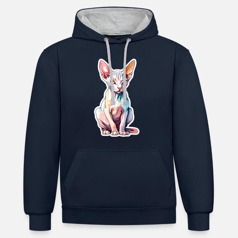 Sphynx Chat Aquarelles - Sweat à capuche contrasté - bleu marine/gris chiné