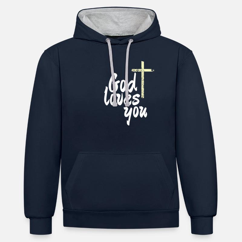 Dieu t'aime - Sweat à capuche contrasté - bleu marine/gris chiné
