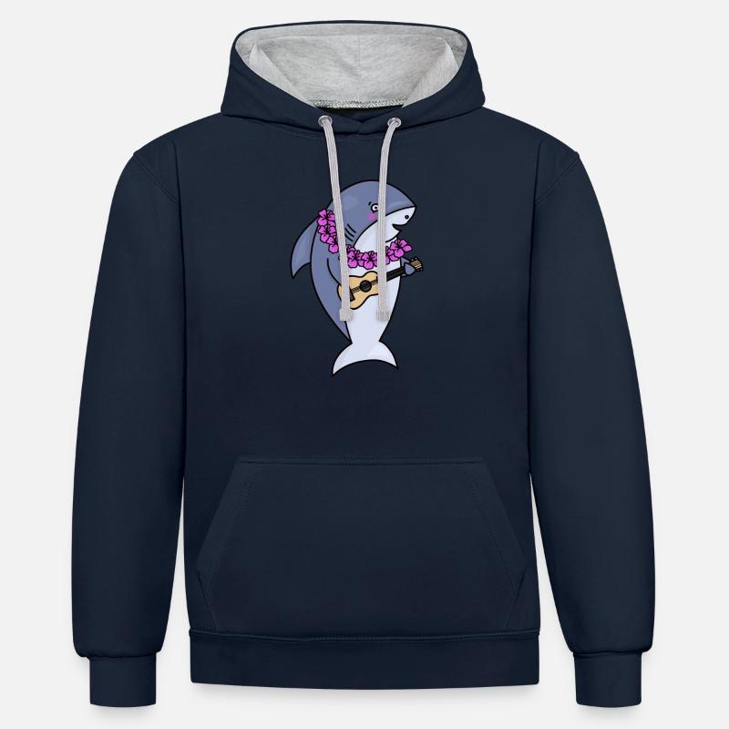 Requin avec ukulélé - Sweat à capuche contrasté - bleu marine/gris chiné
