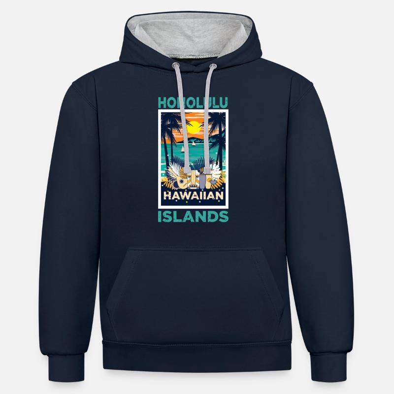 Hawaï et les îles, Honolulu - Sweat à capuche contrasté - bleu marine/gris chiné