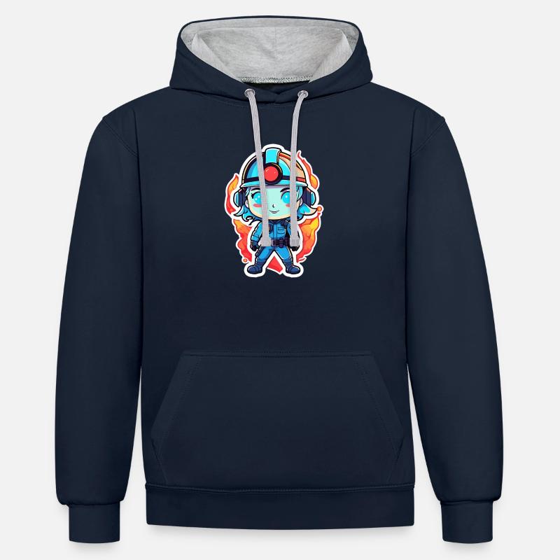 Dessin de pompier - Sweat à capuche contrasté - bleu marine/gris chiné