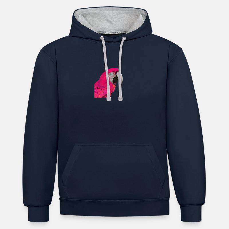Perroquet rose - Sweat à capuche contrasté - bleu marine/gris chiné
