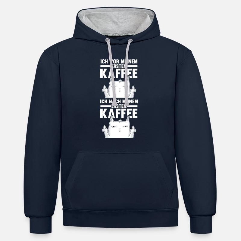 Chat avant mon premier café - Sweat à capuche contrasté - bleu marine/gris chiné