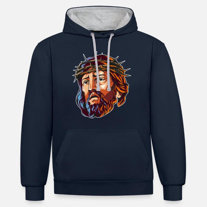 Tête de Jésus-Christ - Sweat à capuche contrasté - bleu marine/gris chiné
