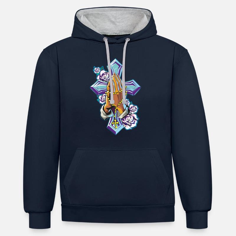 Croix mains priant le chapelet - Sweat à capuche contrasté - bleu marine/gris chiné