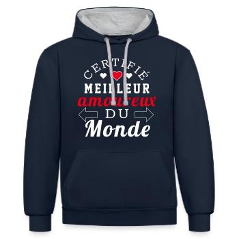 Certifié meilleur amoureux du monde - Sweat à capuche contrasté - bleu marine/gris chiné - Devant - Nico (186cm)