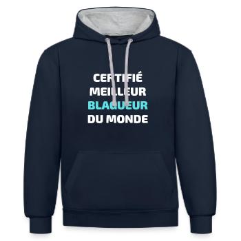 t shirt meilleur blagueur humour blague homme - Sweat à capuche contrasté - bleu marine/gris chiné - Devant - Nico (186cm)