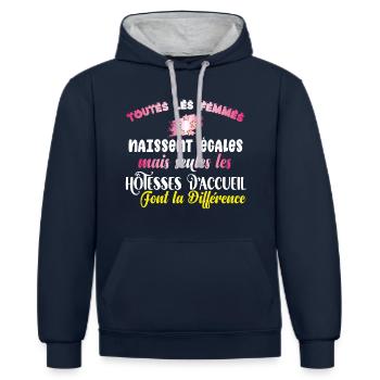 Cadeau hôtesse d'accueil, humour métier réception - Sweat à capuche contrasté - bleu marine/gris chiné - Devant - Nico (186cm)