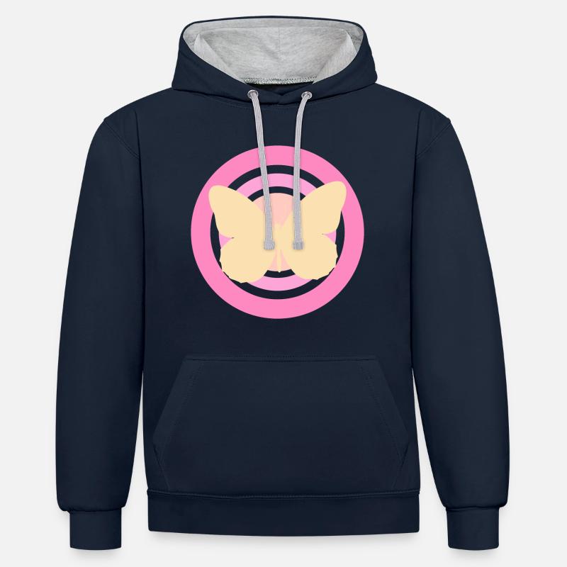 Papillon rose jaune - Sweat à capuche contrasté - bleu marine/gris chiné