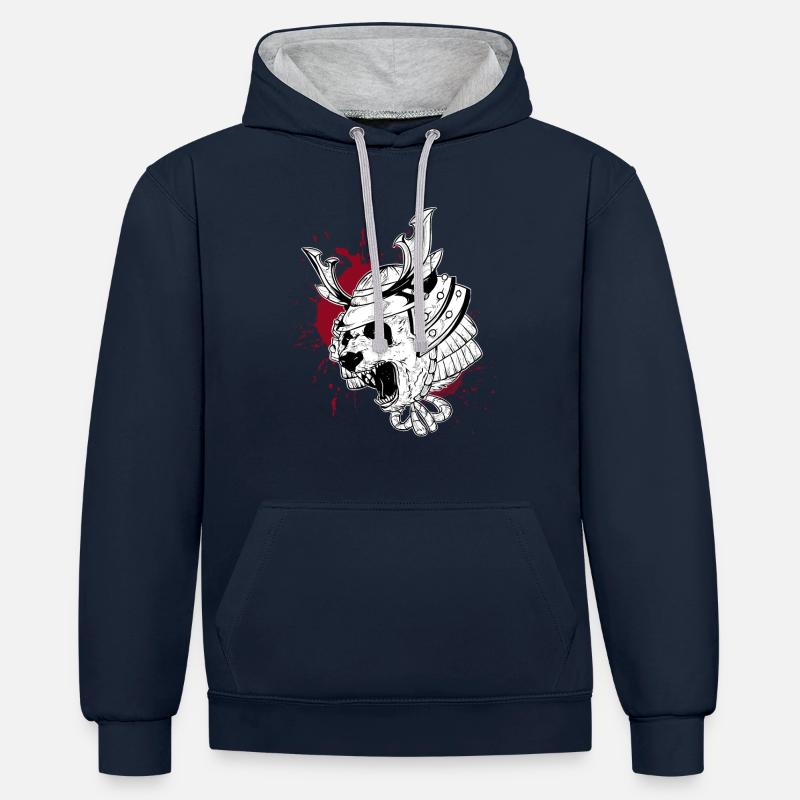 Panda Samouraï trash style - Sweat à capuche contrasté - bleu marine/gris chiné