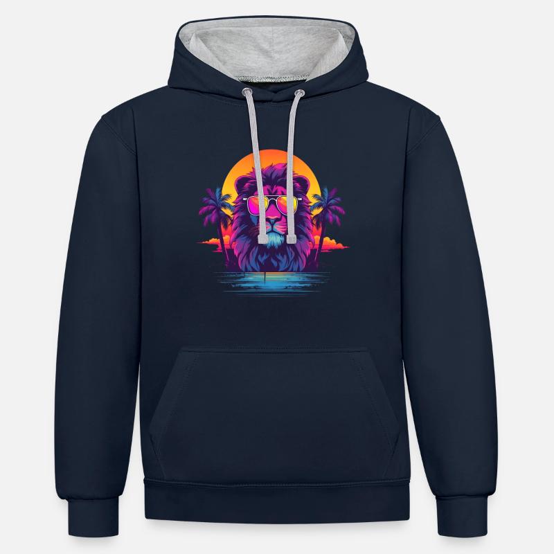 Synthwave Lion Sunset - Sweat à capuche contrasté - bleu marine/gris chiné
