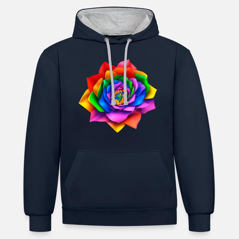 Fleur arc-en-ciel 3D vive - Sweat à capuche contrasté - bleu marine/gris chiné