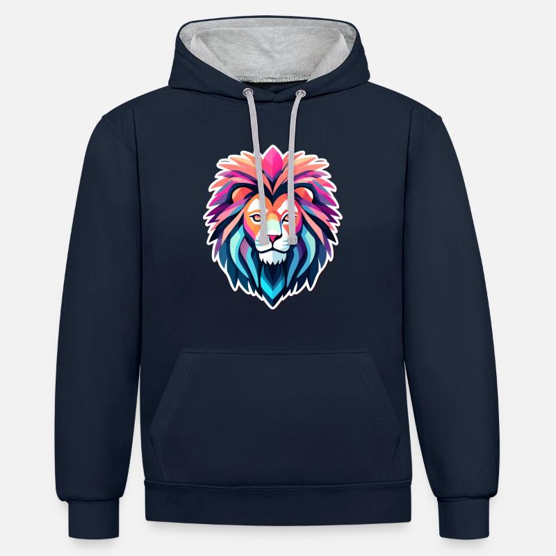 Dessin de Lion - Sweat à capuche contrasté - bleu marine/gris chiné