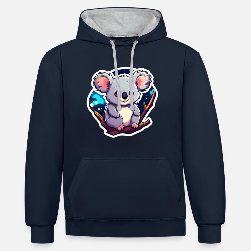Dessin de koala - Sweat à capuche contrasté - bleu marine/gris chiné