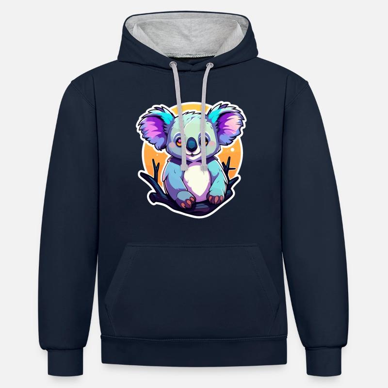 Dessin de koala - Sweat à capuche contrasté - bleu marine/gris chiné